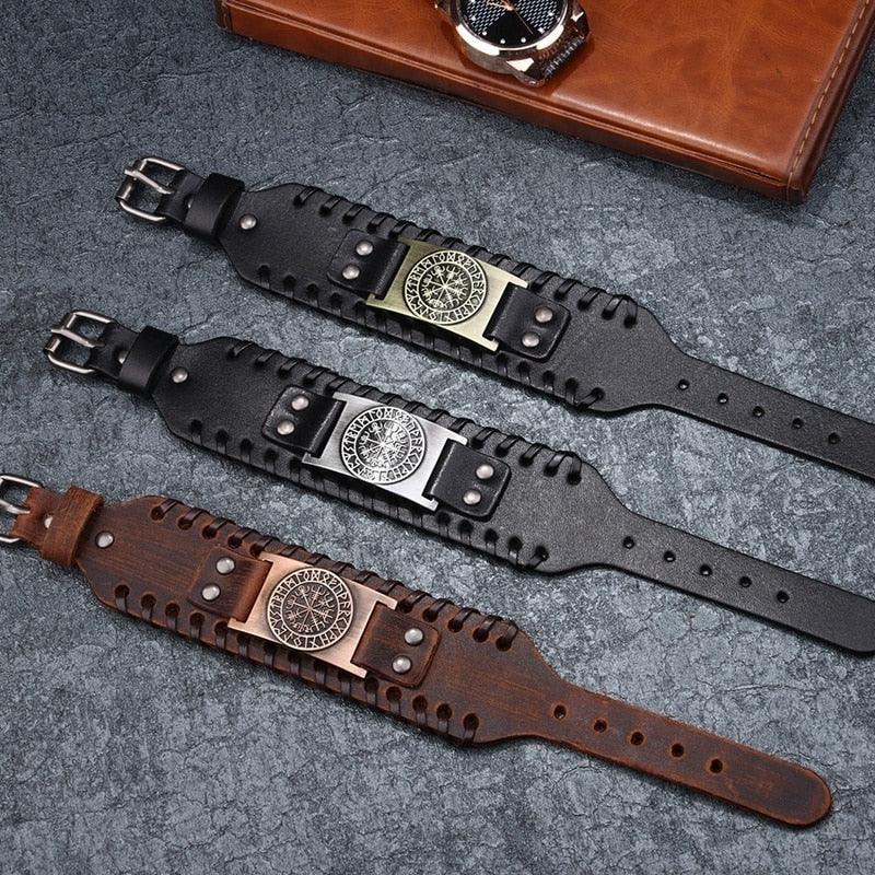 Bracelet cuir viking protection vegvisir