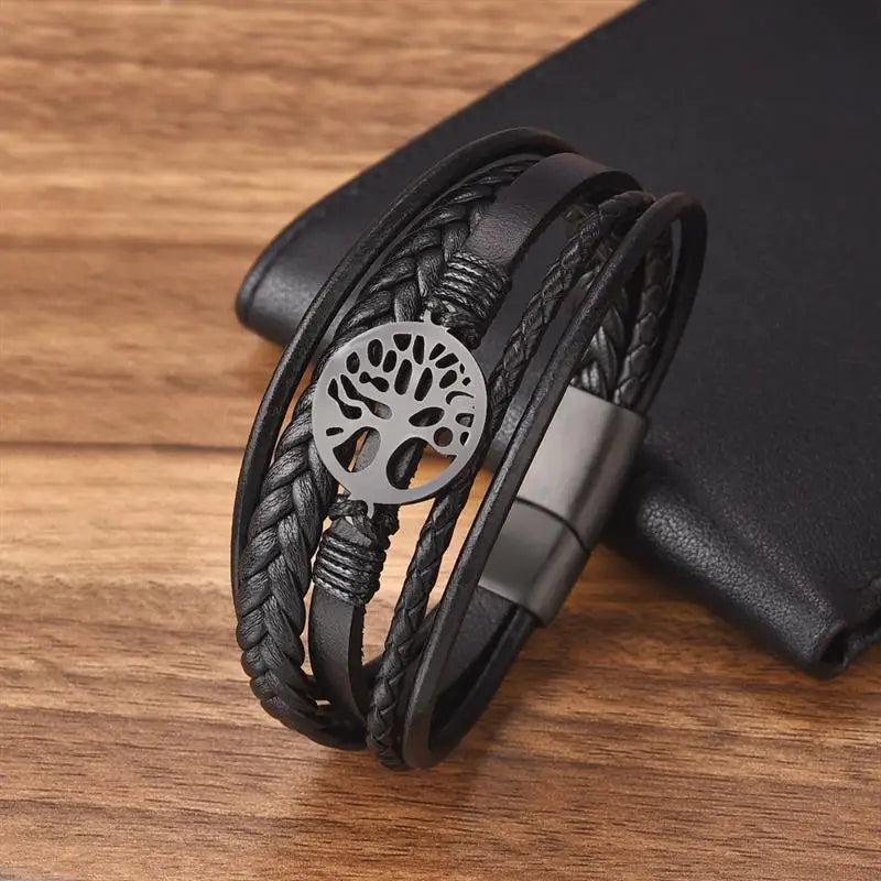 Bracelet Arbre de vie cuir noir