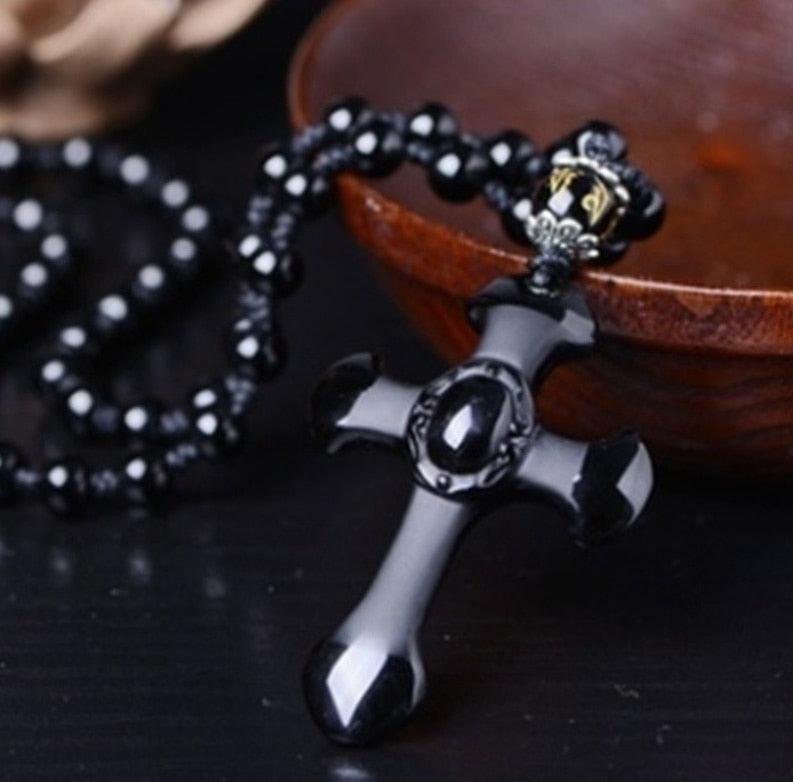 Collier croix obsidienne