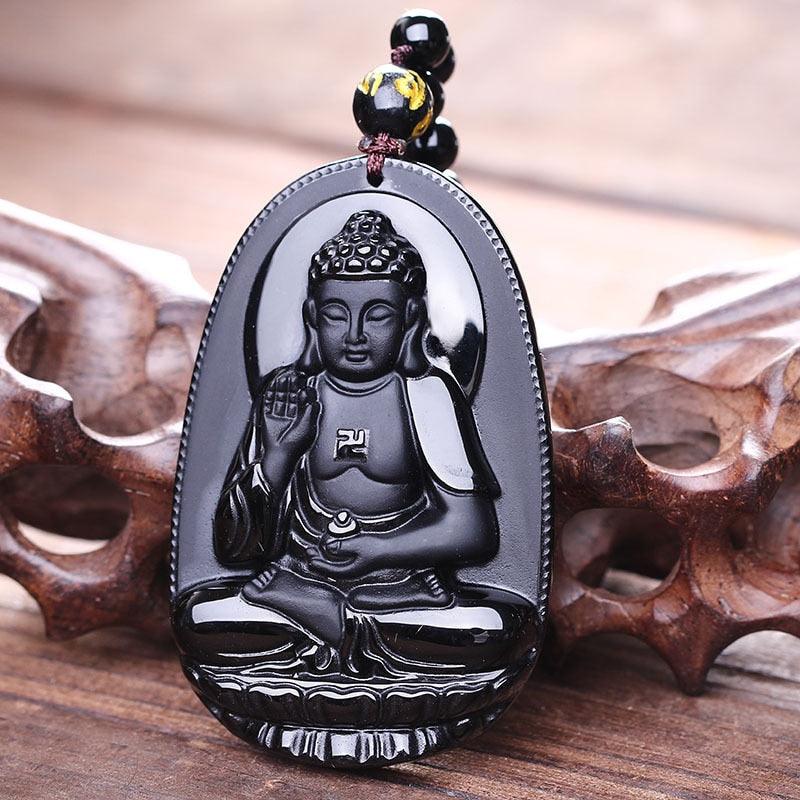 Pendentif porte-bonheur Bouddha pierre obsidienne