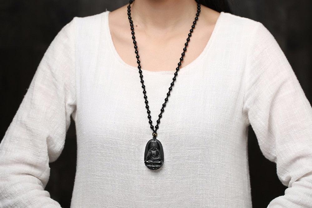 Collier talisman obsidienne bouddha