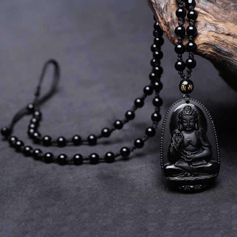 Pendentif talisman tibétain Bouddha obsidienne