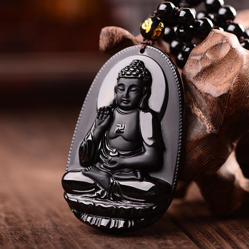 Collier amulette tibétaine obsidienne